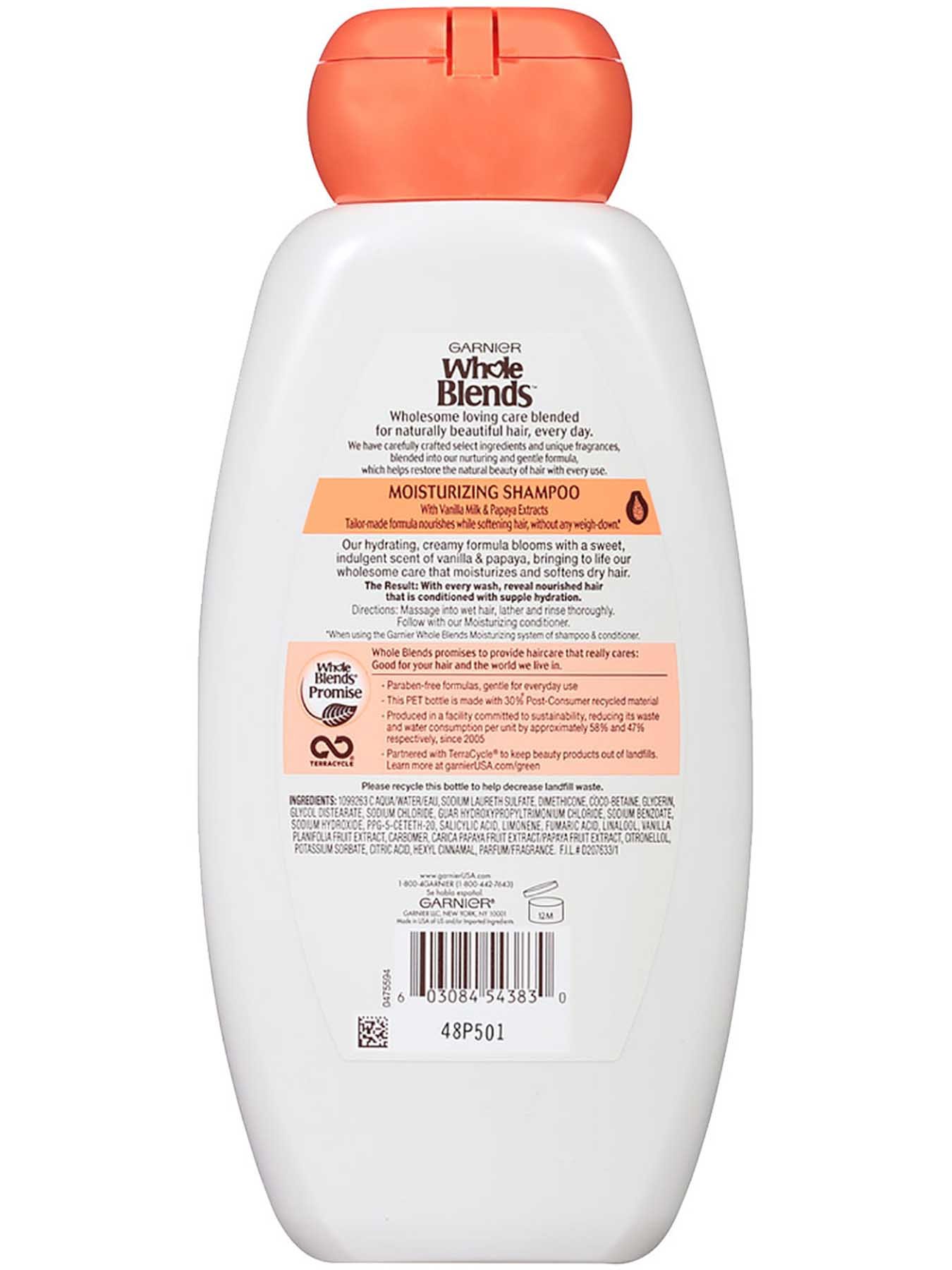 Back view of Moisturizing Shampoo with Vanilla Milk and Papaya Extracts.